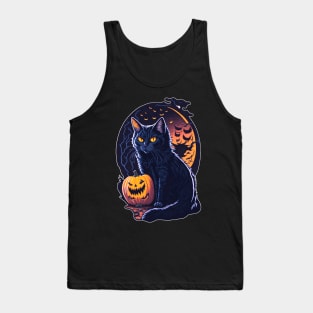 Halloween Black Cat with Pumpkin - Retro Meowloween Tank Top